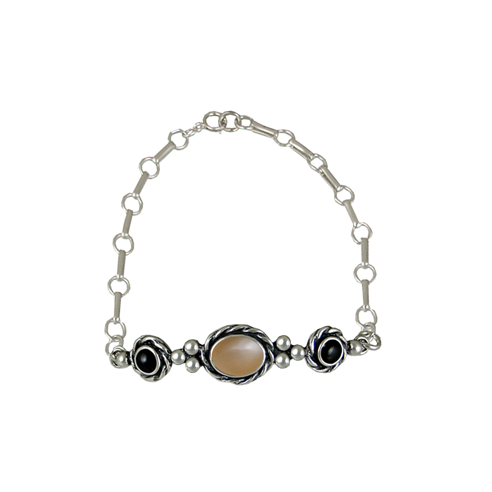 Sterling Silver Gemstone Adjustable Chain Bracelet With Peach Moonstone And Black Onyx